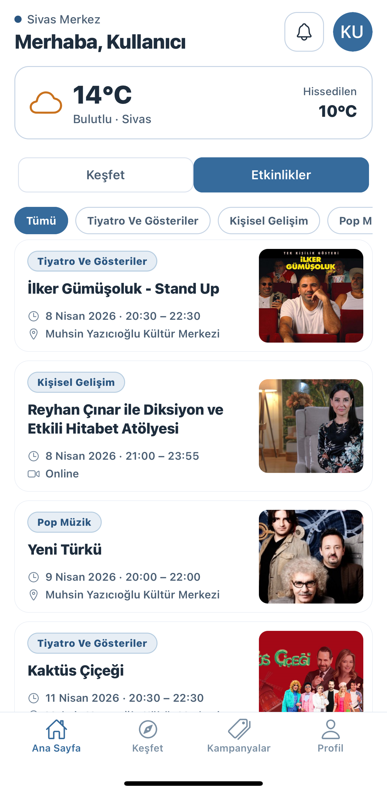 Etkinlikler ekran görüntüsü